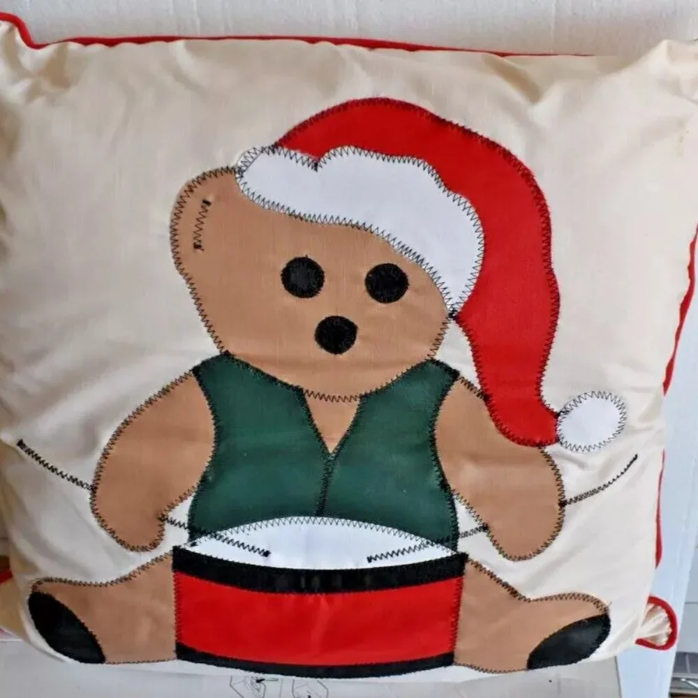 Two Dakota Designer Christmas Winter Teddy Bear Drummer Appliquéd Pillow 15